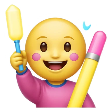 An excited yellow emoji face with closed smiling eyes and blushing cheeks, cheering enthusiastically while holding up two glow sticks (one blue, one pink). It represents high energy, fandom, and celebration. sticker