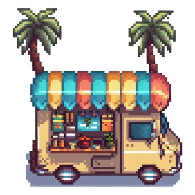 Hawaiian style food truck with palm trees and surfboards in pixel art style sticker