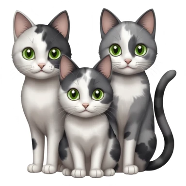 3 different coloured small cats including a dark grey and white, and a patchy calico with hazel eyes and a completely solid dark grey with green eyes and only white paws sticker