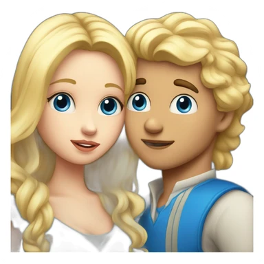 A blond boy with blue eyes who kisses a pretty blonde girl with blues eyes,  with a heart above their heads  sticker