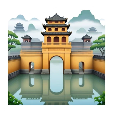 Cinematic Realistic Imperial City of Hue Landmark Emoji, capturing the ancient citadel’s weathered walls, intricate gates, and traditional Vietnamese architecture, surrounded by a misty, tranquil moat. sticker