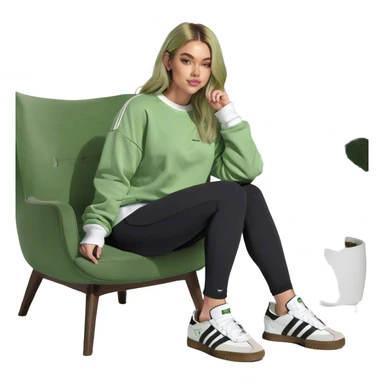 Girl long bright blonde highlighted hair middle part with rosy cheeks and plump mauve lips green eyes and wearing a white sweatshirt and black leggings with black and white adidas OG Samba sneakers sitting in a cozy chair posing with legs over the side of chair  sticker