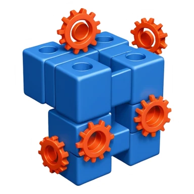 Modern minimal emoji: building blocks + connection flows + gear. Deep blue and coral colors. Professional no-code expert signature. Geometric clean style. sticker