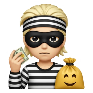 a short ios emoji-style portrait of a classic burglar, a black eye mask (looks like a blindfold) and a black-and-white striped shirt. emoji-like hair, black hat, ONE bag of money 💰 with a dollar sign in a right corner, evil expression WITHOUT a hand  sticker