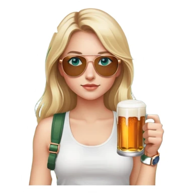 girl with long blond hair
with blue eyes
and aviator sunglasses
wearing white tank top 
holding a can of beer
wearing (rose gold apple watch with forest green band) sticker