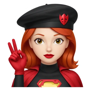 Uma ruiva feliz com batom vermelho com roupa vermelha tipo heroína, com uma boina preta, e uma cara mais “seria” fazendo pose com a mão. sticker