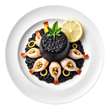 cinematic-realistic-black-risotto-dish,-showcasing-lagre squid pieces-rendered-with-bold-textures-and-dynamic,-dramatic-lighting in a white plate with a grilled lemon on top sticker