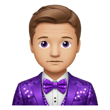 Jeremy Renner with light brown hair, purple sequin suit with bow tie sticker
