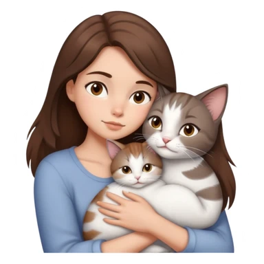 a brunette girl with brown mid hair snuggling a gray white cat sticker