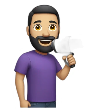 a white man with a black beard, holding a megaphone next to his mouth, he wears a purple tshirt, smiling,he has a modern haircut sticker