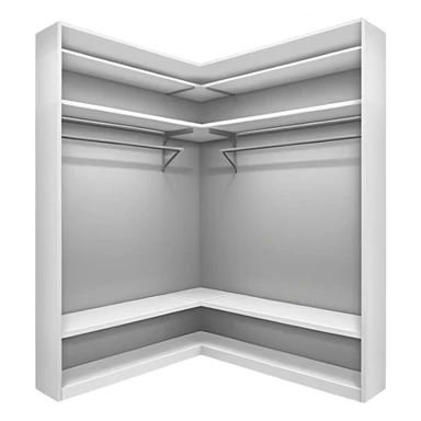 Glossy white PVC corner closet with L-shaped design, fitted into a sharp room corner. Clean, simple shelves and smooth panels with subtle shadows to show depth. Minimalist look with modern vibes, no handles or textures, emoji-style with bright highlights and soft gray edges to define structure. sticker