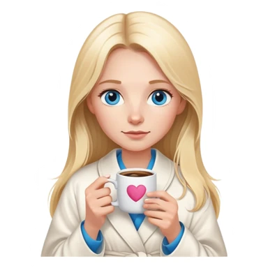 girl
blue eyes
long blond hair
wearing housecoat
holding a white mug of coffee that says mom
wearing rose gold apple watch  sticker