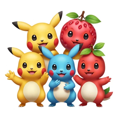 Three Pokémon characters showing kindness and teamwork. One Pokémon is handing a berry to another, while the third Pokémon is cheering and clapping happily. They look joyful and friendly, standing close together in a bright, colorful cartoon scene. The style is cute, playful, and emoji-like. sticker