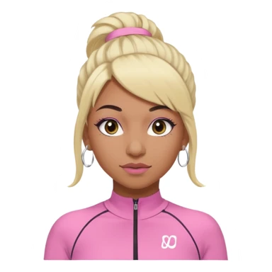 crée moi une jeune adulte brownskin au yeux brider marron foncer et une perruque blonde avec des baby hairs , un ensemble lululemone rose percing au nez et les oreilles remplis un petit full face de londonniennes des gros faux cils bien charger  sticker