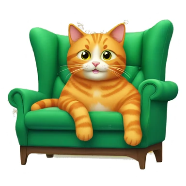 A happy orange cat sits on a green sofa, holding a tablet, with a large screen showing colorful patterns in the background. sticker