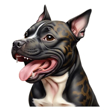 Cinematic Cute Yawning Black/Brindle Staffordshire Bull Terrier Portrait Emoji, Head tilted slightly with a dramatic, wide-open yawn, showcasing a smooth Fur with a striking black and brindle pattern, floppy ears slightly drooping, round dark eyes barely open in drowsy contentment, Simplified yet irresistibly adorable features, highly detailed, glowing with a soft, cozy glow, high shine, relaxed yet expressive, stylized with a touch of whimsy, bright and endearing, soft glowing outline, capturing the essence of a sleepy yet affectionate guardian, so drowsy it feels like it could stretch right out of the screen and curl up for a nap! sticker