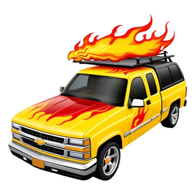 Bright yellow 1997 Chevy Silverado with custom airbrushed red flame paint job on hood extending to sides, exactly as in Kill Bill 'Pussy Wagon', 30-degree angle, iOS emoji style sticker