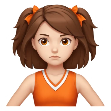 - Nữ
- 15 tuổi
- Da trắng
- Tóc gọn gàng, ngang vai, tóc màu nâu
- Lập dị, khó gần
- Mặc áo cổ vũ cam
- Không cần tay, ảnh chân dung, miêu tả mặt khó chịu sticker
