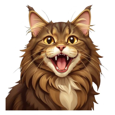 Cinematic Cute Dark Brown Maine Coon Cat Portrait Emoji, Head tilted playfully and yawning, sleek deep brown and gold tones with subtle hints of black, Simplified yet adorable features, highly detailed, glowing with a warm, friendly glow, high shine, curious and affectionate, stylized with a touch of whimsy, bright and alert, soft glowing outline, capturing the essence of a mischievous yet loving kitten, so endearing it feels like it could leap out of the screen and stretch with its fluffy tail swishing! sticker