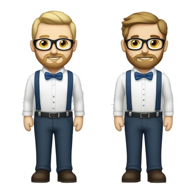 two groom, one with a dark beard and glasses and the other lighter beard with light hair and white skin. both same skin tone, wearing white shirts with blue suspenders and bowties sticker