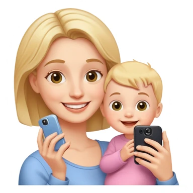 happy mother holding phone taking selfie with smiling baby sticker