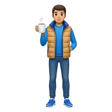 full body man with long sleeve white shirt with blue puffer winter vest with no pockets wearing straight blue jeans with no cuffs and black tennis shoes holding a coffee mug in one hand in front of him and nothing in the other hand sticker