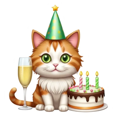 tricolor fluffy cat with big green eyes celebrating her birthday with a cake and champagne sticker
