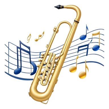 Create an elegant and artistic emoji that represents music arrangement and orchestration. The design should feature a conductor's baton, musical scores, and various orchestral instruments (drums, violin, trumpet, electric guitar, synthesizer). Incorporate flowing lines to represent harmony and orchestral balance, along with a subtle representation of sheet music. Use rich, classical colors like gold, silver, or deep blue, and create an atmosphere of sophistication and precision. The background should be transparent. sticker