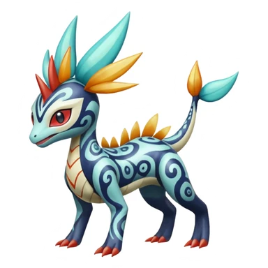 zig-zag-patterned clownish colorful exotic fruity tribal tropical hot swirl-marked Meloetta-Dialga-Salamence-Giratina-Noivern-Pokémon-Fakémon-fusion-hybrid-creature sticker