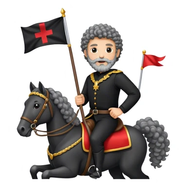 A man with curly hair and a gray beard, wearing black clothes, riding a horse, holding a flag. sticker