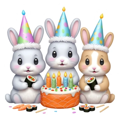 four bunnies together eating sushi at a birthday party, pastel colors, cute, confetti, birthday cake sticker