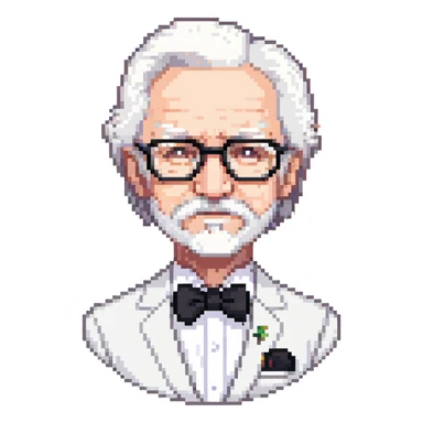 Colonel Sanders KFC, old man with white hair, white goatee, black bow tie, white suit, glasses sticker