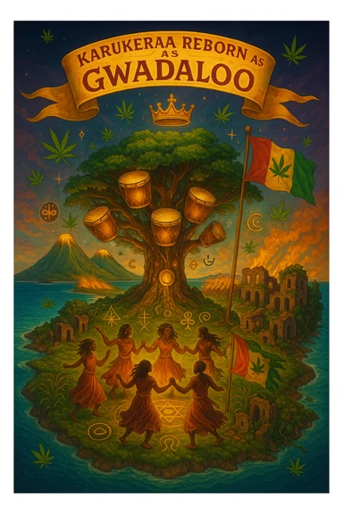 Create a powerful, surreal vision of the Caribbean island Guadeloupe, reimagined as ‘Guadeloupe' — its sacred, sovereign identity restored. The island is lush, tropical, and volcanic, with two green volcanoes glowing golden at the peaks. In the center stands a giant mystical Drum Tree, its branches bearing carved drums instead of fruit, glowing with rhythmic light. Ancestral spirits of African and indigenous lineage dance in a circle around the tree, surrounded by floating ganja leaves and sacred symbols. Sugarcane fields burn gently in the background, symbolizing the end of colonial suffering. Ruins of colonial buildings crumble into the earth, reclaimed by vines and jungle. Above the island, a glowing banner in the sky reads: ‘Karukera reborn as Gwadaloo.’ A ganja-leaf flag waves high in red, green, and gold, and a golden Creole crown floats in the sky above the island — not worn by any man, but held in rhythm. The ocean is turquoise, the light is divine, and the entire scene radiates spiritual victory, cultural remembrance, and cosmic rhythm. Use a warm, cinematic palette of golds, greens, blues, and purples. Style should feel epic, sacred, and symbolic — a rebirth of Caribbean power. sticker