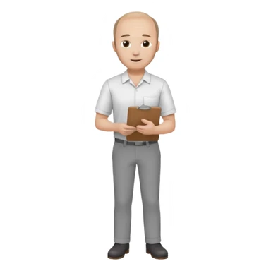 man mid 30's shirt and trousers balding hairline standing holding a clipboard sticker