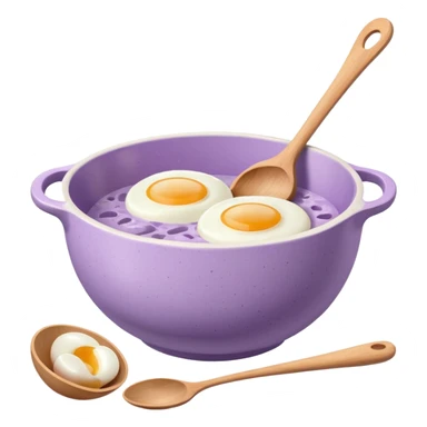 a lilac ceramic mixing bowl with a wooden spoon stirring and sitting next to it is a few eggs sticker