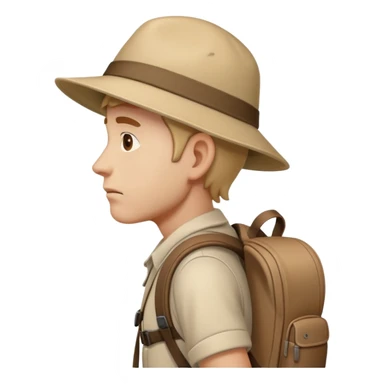 sad traveler man with beige skin tone wearing backpack and hat walking to the right, iOS style sticker