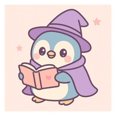 a chubby penguin with a wizard hat and cloak, holding an open spellbook, in a playful illustration style sticker