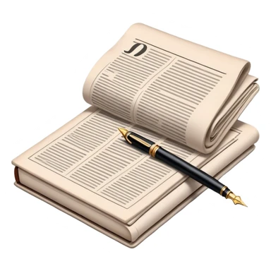 Create an emoji representing journalism and publicistic writing. The design should feature a stack of newspapers, an open notebook, and a single classic fountain pen placed on top of the notebook, symbolizing the act of writing. The scene should convey a sense of professionalism and thoughtful analysis. Use a neutral and professional color palette, with black, white, and muted tones. Do not include any emojis or smiley faces. Make the background transparent. sticker