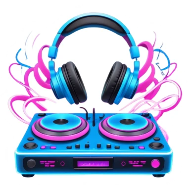 Create a dynamic and modern emoji that represents electronic music and DJing. The design should feature a DJ controller with two vinyl turntables, DJ headphones, and glowing sound waves or a waveform to symbolize the energy of mixing and electronic beats. Use vibrant neon colors like electric blue, neon pink, or green to represent the futuristic and pulsating nature of electronic music. Add subtle details of flashing lights or abstract patterns to evoke the nightclub or festival atmosphere. The background should be transparent. sticker