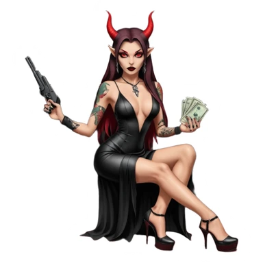Lilith model red eye sexy black  devil horns.  long brown haired sexy succubus woman with leather long dress slit, sitting in limo. Wearing Black Platform high heels on feet. Tattoo sleeve arms, she has stacks of cash and a man dead human skull is on top of stack of cash and a gun in  hand sticker