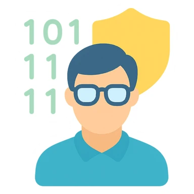 person with glasses in front of a shield and binary code, clean lines, professional, for a cybersecurity expert sticker