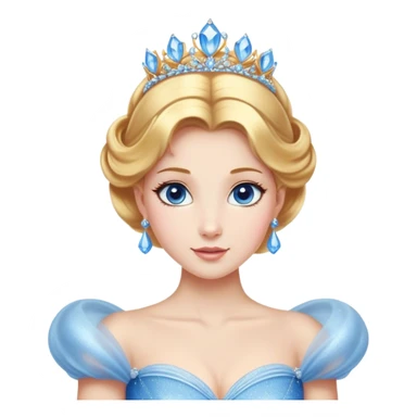 Cinematic Stunning Cinderella Portrait Emoji, Radiant in her sparkling blue ball gown, golden hair in a perfect updo, soft blue eyes full of wonder, glistening tiara, glowing with an ethereal beauty, regal yet kind, a dreamlike aura surrounds her, capturing the essence of a fairy tale princess, elegant and breathtaking! sticker