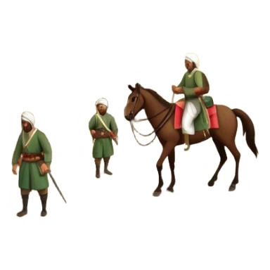 Early Ottoman settlement being built. Wooden houses, tents, and a small market. People in traditional Ottoman clothes, soldiers on horseback, and a flag waving sticker