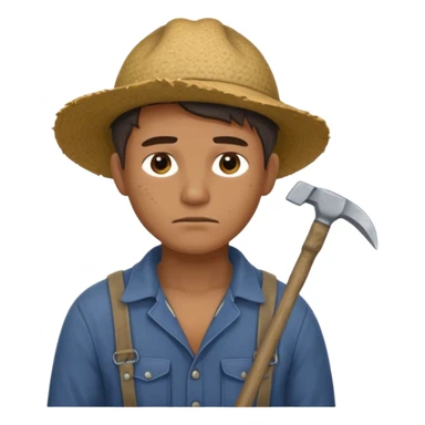 Emoji portrait of a male agricultural slave. He has a tired expression and wears rough clothes, holding a hoe over his shoulder. sticker