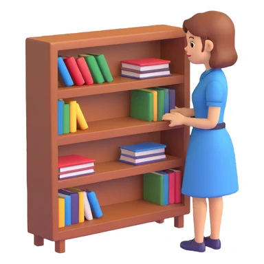 a sad woman looking at a small bookcase sticker