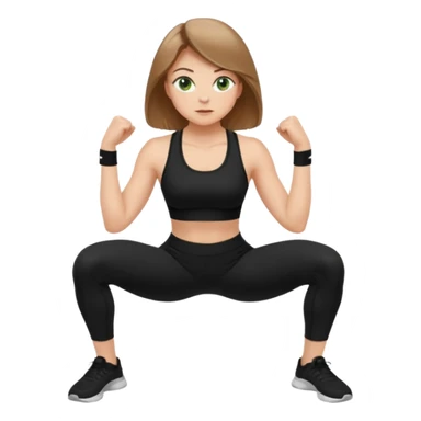 Beautiful woman with light brown shoulder length hair popping a squat without any weights. Make her with a little lighter, brown hair and green eyes. Make her fair skinned and wearing a black workout suit. sticker