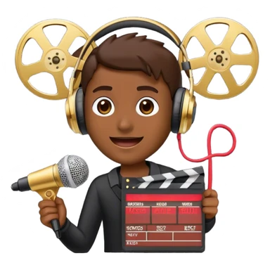 Create a dynamic and cinematic emoji that represents voice-over and dubbing in films. The design should feature a microphone, sound waves, and a film reel or movie clapperboard, symbolizing the connection between voice acting and film production. Add elements like headphones or a voice actor's silhouette to emphasize the human element of dubbing. Use vibrant, cinematic colors like gold, black, and red to create a sense of drama and creativity. The background should be transparent. sticker