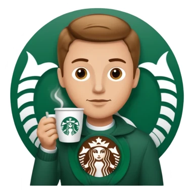 white man sipping coffee with Starbucks logo sticker