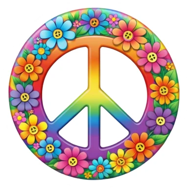 A round psychedelic colored button with the word “peace” in the center with rainbow colored hippie style flowers sticker