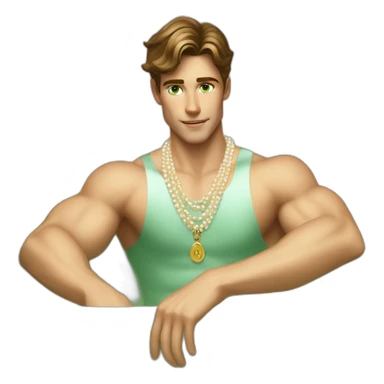 Posh-muscle-boy-brown-hair-green-eyes-pearl-necklace-in-golden-bathtub sticker